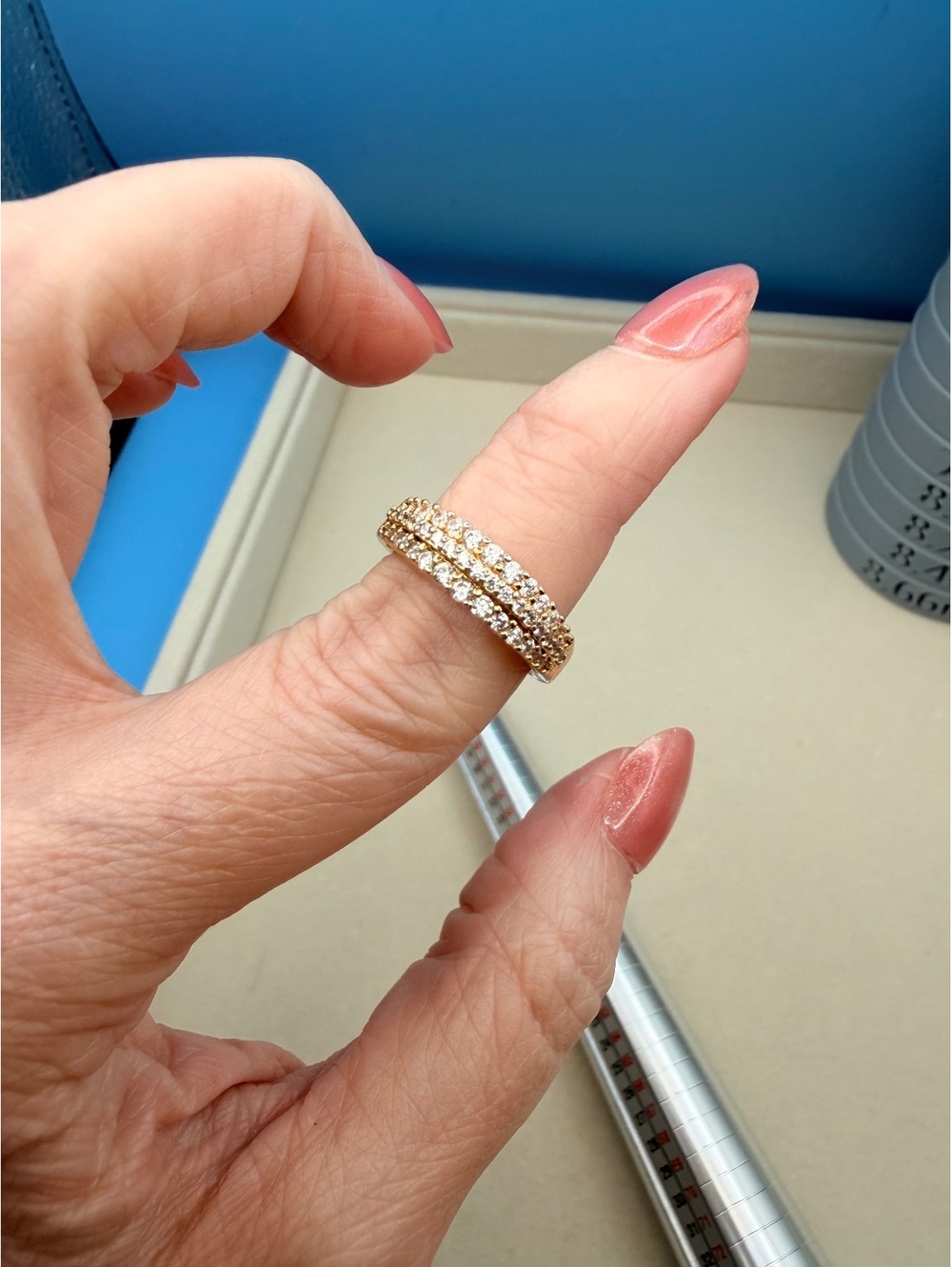 Three row 14k gold plated tone ring with center stone band